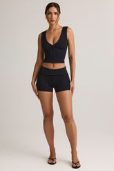 Modal Ribbed Mid-Rise Foldover Shorts in Black
